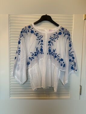 Kinga Csilla white boho top with blue floral embroidery